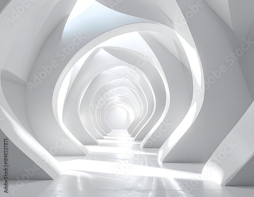 Modern, bright interior design with a corridor featuring curved, white, architectural elements. Natural light illuminates the space