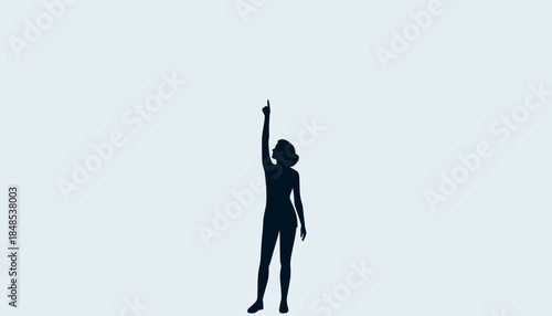 Silhouette of a woman with her arm raised and finger pointing upwards on a light background.