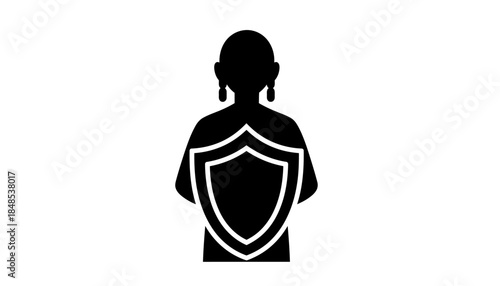 Iconic representation of a person with a shield, symbolizing protection and security in a simple black and white graphic design.