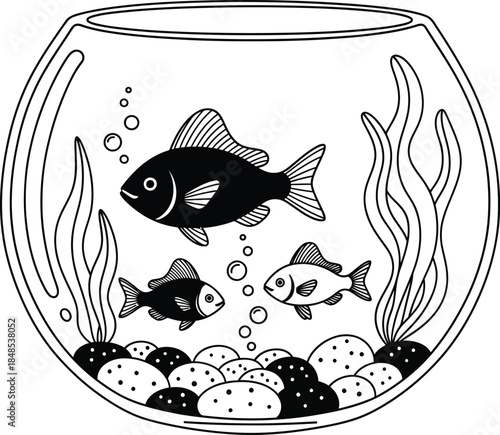 Black and white line art illustration of three cartoon fish swimming in a round fishbowl with aquatic plants and pebbles.