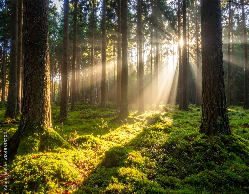 Obraz premium Forest scene with dappled sunlight through trees