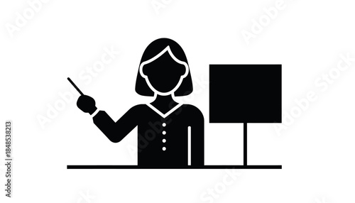 Female teacher or presenter icon with pointer and screen, black and white illustration.