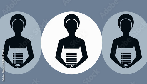 Three black silhouettes of women holding documents in their hands, representing business or administrative tasks.