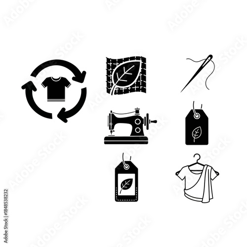 Sustainable fashion icons illustrating recycling, fabric, sewing, and eco friendly tags for conscious apparel design and production
