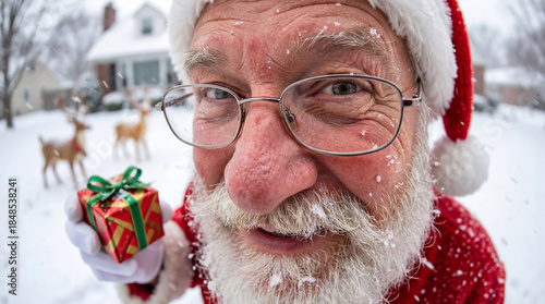 Funny Santa portrait in glasses shot on fisheye lens during snowfall