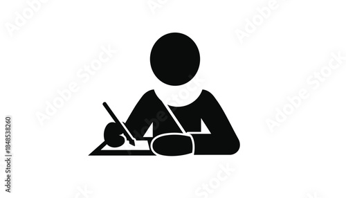 Simple black and white icon of a person writing or studying, representing education or office work.