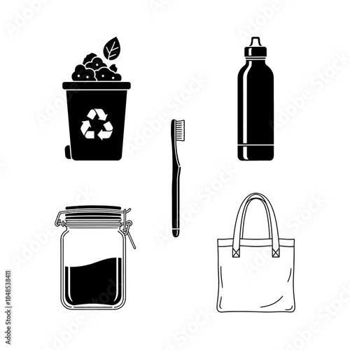 Sustainable living icons represent zero waste, reuse, and eco conscious choices for a greener planet and healthier lifestyle.