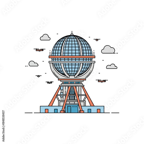 Futuristic spherical building with modern design and aerial drones flying nearby