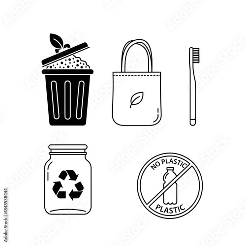 Embrace sustainable living with eco friendly icons for waste reduction and a plastic free lifestyle