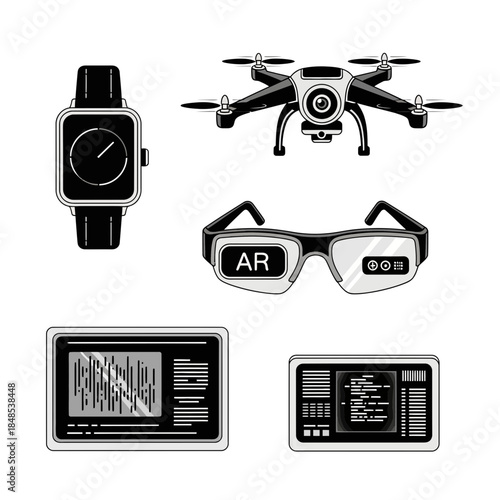 Modern technology collection featuring drone, smartwatch, AR glasses, and futuristic screens with data visualizations and code