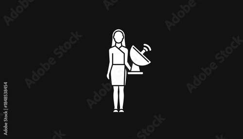 Woman holding a satellite dish, symbolizing communication, technology, and broadcasting, with a modern, clean design.