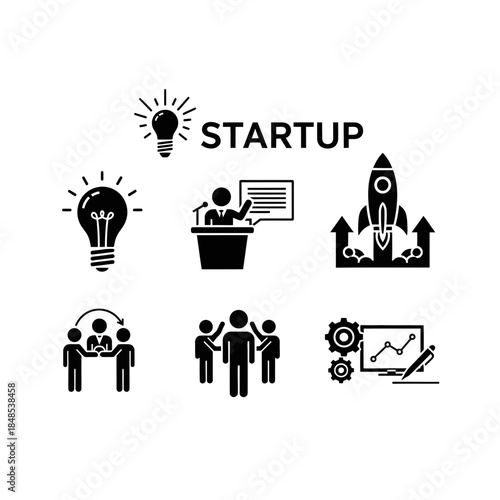 Ignite innovation and growth with dynamic startup icons representing ideas, presentations, launches, teamwork, and analysis