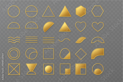  A collection of elegant golden geometric shapes and frames with a metallic gradient. The set features circles, triangles, hexagons, and wavy lines, designed
