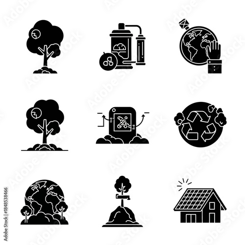 Inspiring eco-friendly icons showcasing conservation, recycling, renewable energy, and global care for a sustainable future.