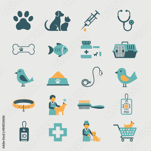 Vibrant veterinary icons symbolizing pet care, medical services, and animal well-being for professional design projects