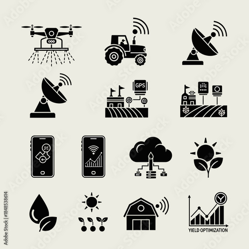 Revolutionary smart farming icons depicting drone, tractor, GPS, cloud tech, and yield optimization for sustainable agriculture