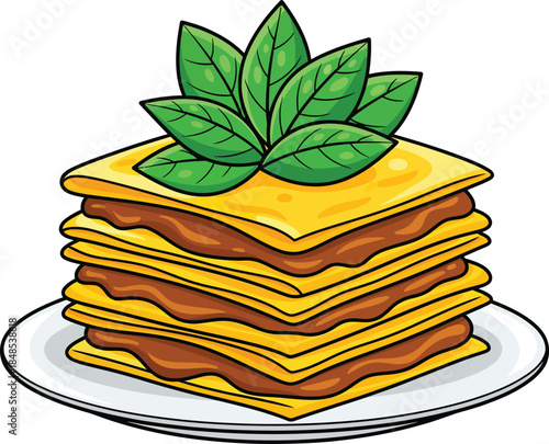 Cartoon illustration of a square slice of layered lasagna topped with fresh basil leaves.