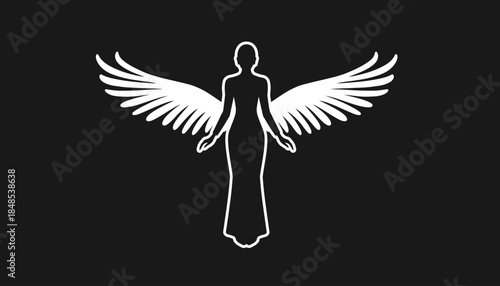 White outline of an angel with wings on a black background, representing spirituality and grace.