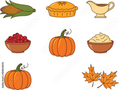Autumn harvest food illustration set featuring pumpkin, corn, pie, gravy, cranberries and fall leaves in warm seasonal flat design