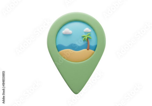 Free Download Beach location pin PNG isolated on transparent background, 3D map pointer with palm tree and ocean for travel and vacation - GFXLoad