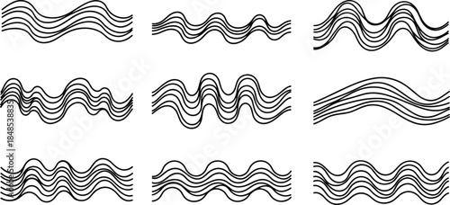 Abstract wavy line pattern set in black and white, minimal hand drawn curves collection for modern design backgrounds