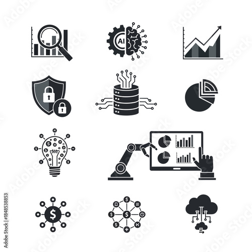 Dynamic icons illustrating business analytics AI machine learning data security and financial innovation for modern digital strategies