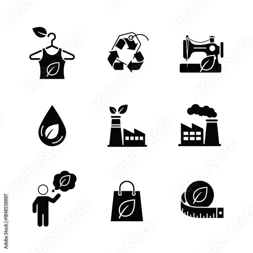 Eco friendly fashion icons representing sustainability, recycling, and ethical production for conscious brands and consumers seeking green alternatives.