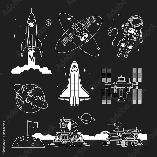 Dynamic space exploration collection featuring rockets, astronauts, satellites, and planetary missions for innovative projects