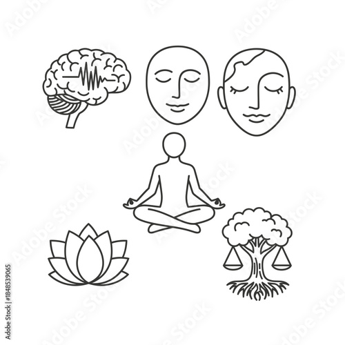 Serene meditation icons featuring brain, faces, lotus, and tree of life with scales for holistic well-being and balance