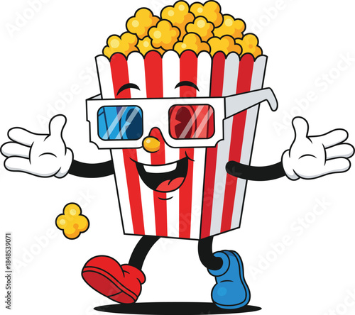 Cheerful walking popcorn box cartoon character wearing 3D glasses and mismatched shoes.