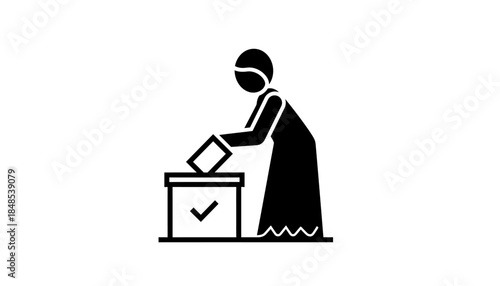Woman casting vote in ballot box, election or referendum concept, black icon illustration.