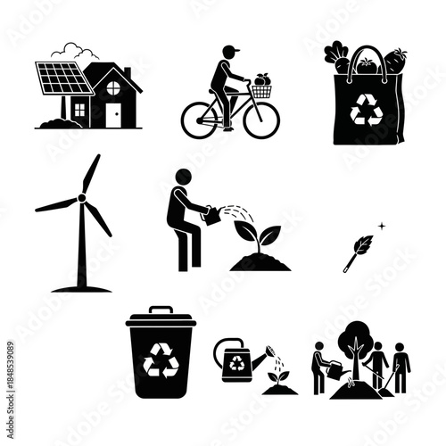 Embrace a sustainable lifestyle with eco friendly icons for green living, renewable energy, and conservation efforts promoting a healthier planet.