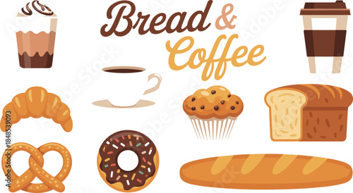 Colorful Flat Vector Icon Set Titled Bread and Coffee Featuring Assorted Pastries, Donuts, Muffins, Croissants, and Various Coffee Cup Styles for Cafe Branding.