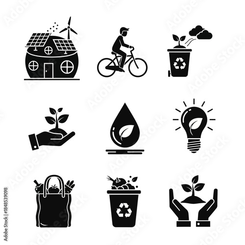 Sustainable living icons showcasing eco friendly house, cycling, recycling, plant care, water drop, light bulb idea, shopping bag, and growth protection.