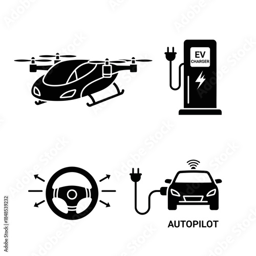 Futuristic transportation concepts including electric vertical takeoff and landing aircraft charging and autonomous vehicle navigation technology