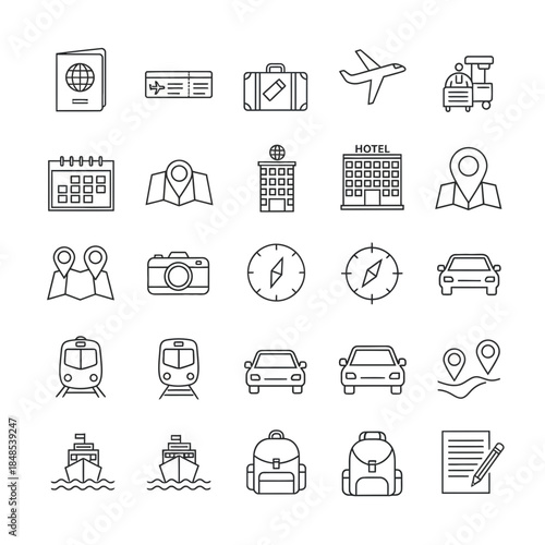 Explore the world with stunning travel icons capturing every adventure from flights and hotels to bags and maps.