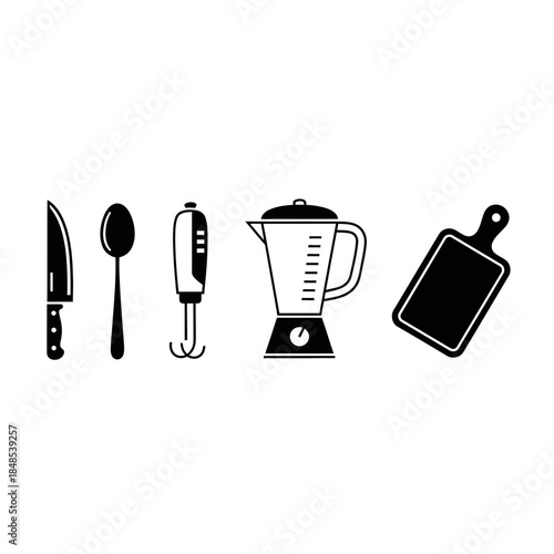 Essential kitchen tools including a knife, spoon, immersion blender, countertop blender, and cutting board for culinary preparation and meal creation.