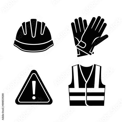 Essential safety gear icons including hard hat, gloves, warning sign, and hi vis vest, perfect for construction and industrial projects.