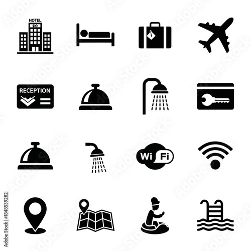 Essential hotel and travel icons for booking accommodation, travel planning, and enjoying vacation amenities seamlessly