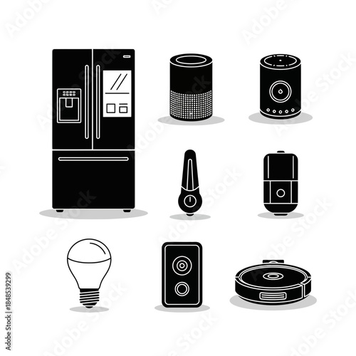 Smart home devices collection including refrigerator, speakers, light bulb, and robotic vacuum for modern living