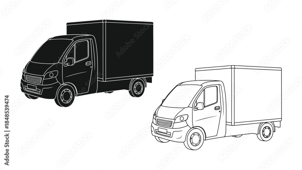 Fototapeta premium Line art depictions of small delivery trucks in contrasting styles