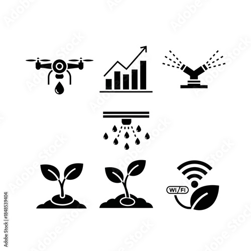 Modern agriculture technology icons showing drone irrigation growth chart smart farming and Wi-Fi connectivity for sustainable farming solutions