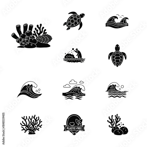 Protecting marine life and oceans from pollution with conservation themes featuring turtles, coral, waves, and plastic-free concepts