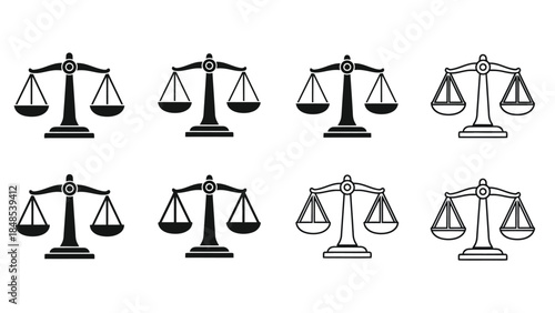 Collection of black and white scale illustrations representing justice and balance