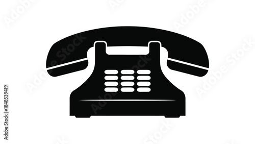 A simple black and white silhouette of a vintage rotary telephone