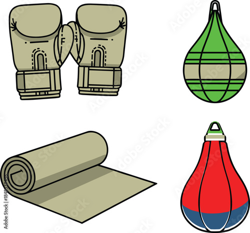 Boxing training equipment illustration set featuring gloves, punching bags and exercise mat, flat vector sports gear collection