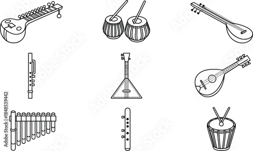 Minimalist Line Art Vector Icon Set Featuring Diverse Global Musical Instruments Including Sitar, Tabla, Flute, Panpipes, and Balalaika for Educational and Cultural Design.