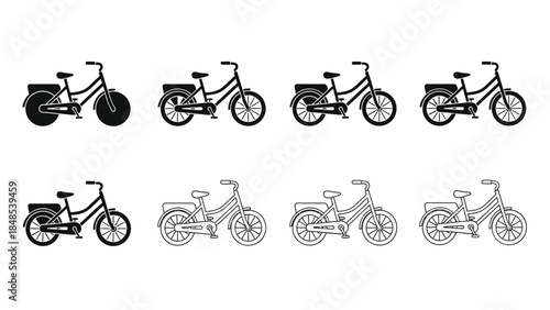 A series of black and white bicycle illustrations in varying styles