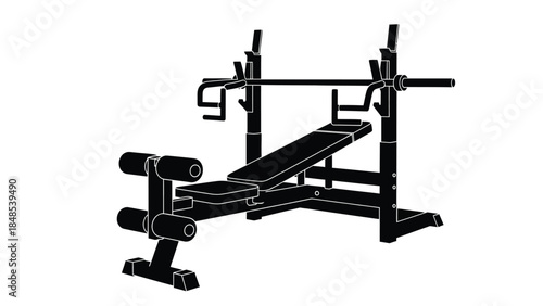 A minimalist silhouette of a weight bench and barbell rack combination