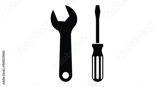 Simple black and white illustration of a wrench and a flathead screwdriver